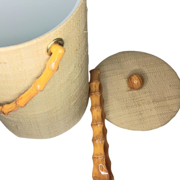 SOLD - Ice Bucket Grasscloth Raffia Faux Bamboo Handle MatchingTongs MCM BOHO - Picture 8 of 13